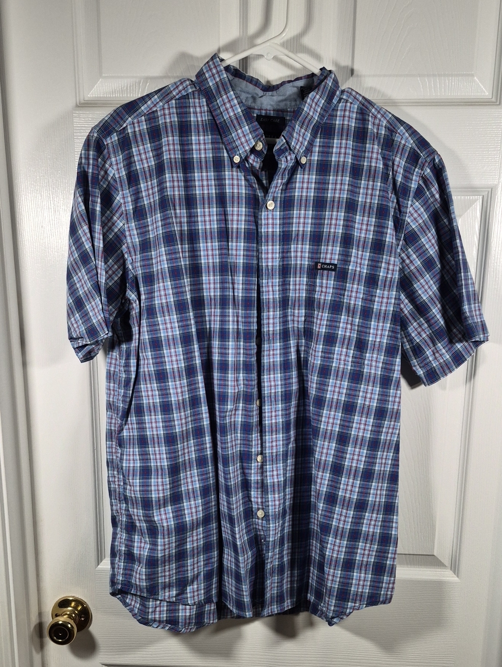 Chaps Men's Navy and Light Blue Plaid Short-Sleeve Button-Down Shirt